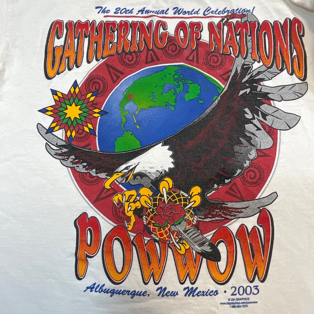 Gildan Powwow T Shirt Kids L White 2003 Gathering of Nations Albuquerque Vintage